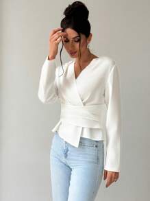 Firerie 女士优雅简约基本款 V 领不对称下摆收腰长袖白色衬衫，适合日常通勤，秋冬季 - 白色 - 查看 5