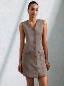 SHEIN Privé Vintage braunes Gelddesign Minimalist Silberfaden Check Stoff V-Ausschnitt Klappe Tasche ärmellos Kleid mit Weste Feeling - Gelb - Übersicht 5
