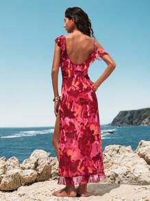 Opulessa Summer Vacation Outfits Woman Beach Wedding Party Elegant Sexy Formal Bridesmaid Birthday Woven Print Little Airplane Sleeve Split Dress For Women - Red - View 2