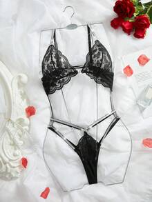 Metallic Lace Sheer Teddy Jumpsuit - Black - View 4