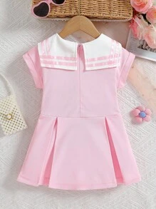 SHEIN Vestito da bambina stile marinaio, design gonna a-line per indossare comodamente, decorazione elegante a farfalla, primavera/estate - Multicolore - Visualizzare 2