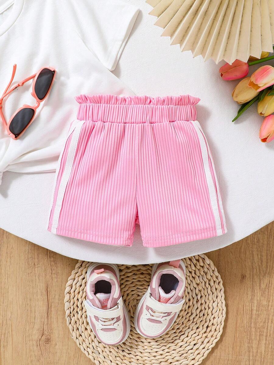 Infant/Toddler Athletic Casual Fashion Simple Versatile Comfortable Soft Skin-Friendly White Contrast Stripe Pink Elastic Waistband Loose Shorts, High Cost Performance, Spring/Summer New, Suitable For Home Or Outdoor Play & Sports - Pink - View 1