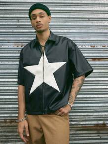 AXEPEAK Áo sơ mi tay ngắn dệt rộng rãi họa tiết ngôi sao năm cánh bằng da PU có khóa kéo phía trước dành cho nam, phong cách đường phố - màu đen - Xem 4