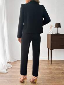 EURMUSE Casual Business Solid Color Jacket & Pant Suit Set - Black - View 5