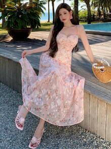 DAZY Ditsy Floral Allover Print Textured Midi Slip Dress For Women,Ruffle Vacation Outfits Women - Pink - View 3