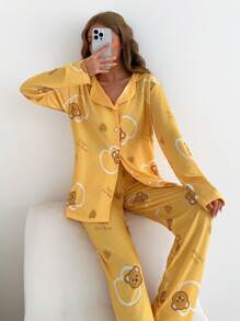 RueChic Cotton Women 2 Pcs Contrast Colour Button Front Detail Cute Bear Pattern Homewear PJ Set - Mustard Yellow - View 5