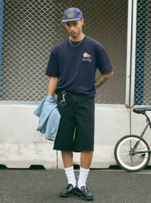 Manfinity NXTstreet Men's Round Neck Letter Print Casual Loose Knit Short Sleeve T-Shirt - Navy Blue - View 4