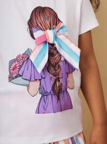 SHEIN 2 件装少女纯色针织圆领 T 恤和编织条纹裤套装 - 彩色 - 查看 4