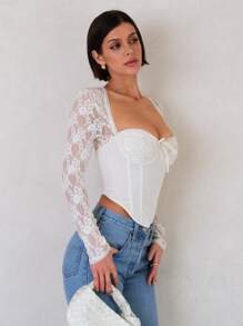 SHEIN BAE 女装春夏浪漫优雅杏色蕾丝拼接人字形束身衣外出上衣，夏季女装，演唱会女装，狂欢节