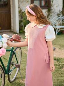 SHEIN Conjunto formal de 2 piezas: Camisa blanca con cuello Peter Pan y mangas abullonadas + Vestido maxi rosa con textura y bolsillo para niñas, primavera/verano - Multicolor - Ver 3