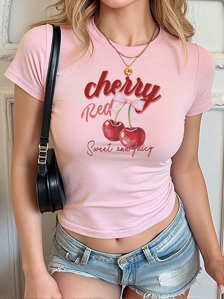 SHEIN Unity Women's Pink Cherry Cute Short Sleeve Cropped T-Shirt, Y2K Style, Summer - Pink - View 1