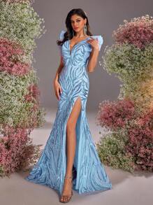 Glamrae Elegant, Romantic, Sexy, Spring And Summer, Blue, Stretch Sequin Fabric, V-Neck High Slit Fishtail Dress, Vacation, Prom, Birthday Party, Wedding, Formal Evening Dress, Wedding Guest Dress,Gown - Blue - View 5