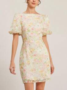 Aveloria Rosie Colorful Tie Dye Jacquard Special Fabric Vintage Romantic Elegant Wedding Season Puff Sleeve Floral Bodycon Mini Dress For Women All Over Print For Summer