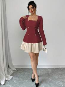 Elenzga Women Elegant Casual Commuter Square Neck Double-Breasted Contrast Color Ruffle Hem Short Sleeve Mini Dress Fall Cloth For Women - Red - View 7