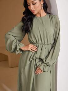 Veilorie Women's Solid Color Round Neck Long Sleeve Ruffle Hem Arabian Dress - Green - View 3