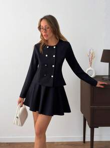 RueChic Women Solid Color Two Pieces Blazer And Skirt Sets - Navy Blue - View 6