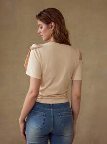 MOTF BOW & FAUX PEARL DETAIL GATHERED T-SHIRT