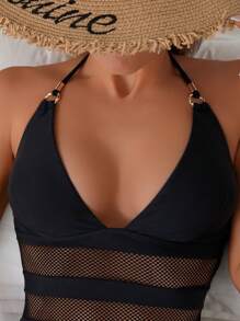 SHEIN Swim 1pc Sexy Backless Black Solid Color Splicing Mesh Spring Break One Piece Swimsuit For Women, New For Summer Beach Vacation - Black - View 4