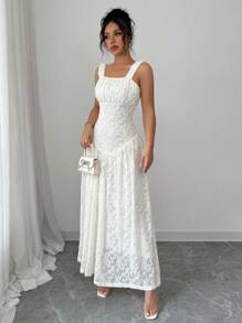 Chiquease Sexy & Charming Spaghetti Strap Square Neck Backless Cinched Waist Long Dress - Beige - View 3