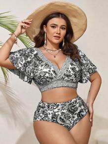 Swim Vcay Plus Size Women Two-Piece Short Sleeve Top And Shorts Bikini Set, Casual & Fashionable Everyday Wear, For Summer Beach Vacation