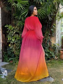 SHEIN SXY Robe ombré en mousseline de soie pour grandes tailles avec fente haute, robe ample à manches longues pour vacances à la plage