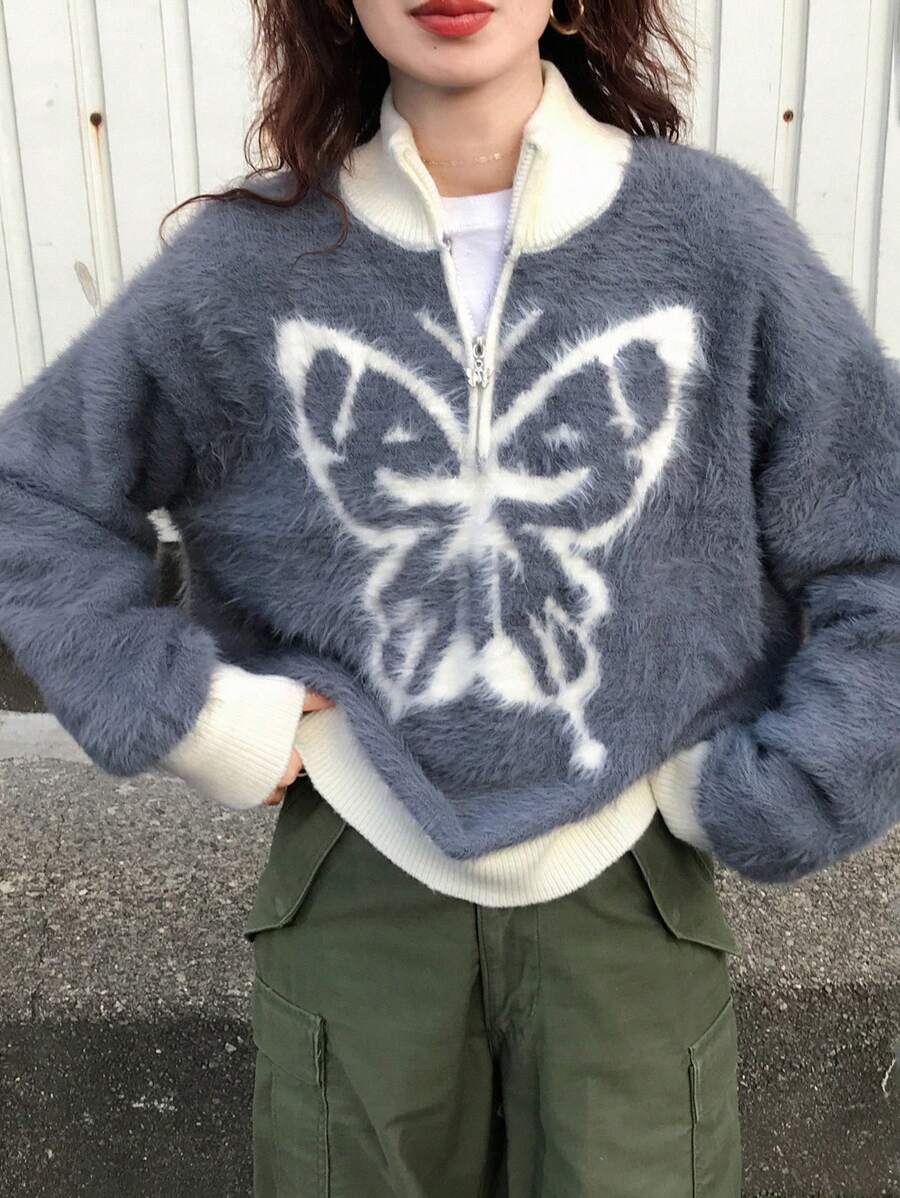 FRIFUL Women's Grey Oversized Turtleneck Butterfly Jacquard Pattern Sweater - Grey - View 1