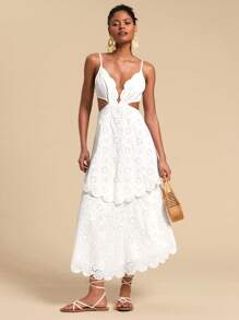 Travachic Solid Color Woven Eyelet Embroidery Waisted Hollow Out Strap Women Long Dress,Dresses For Women,Summer Outfits For Women - White - View 1