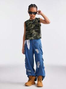 SHEIN Tween Girls Spring/Summer Camo Print Crop Tank Top For Kids - Army Green - View 5