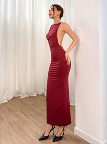 Aloruh Vestido rojo largo, recto y ajustado con mangas extra largas, asimétrico y con espalda descubierta, para mujer en primavera y verano, de estilo de vanguardia y sexy para vacaciones