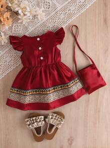 Vestido rojo vino elegante y vintage estilo palacio para niñas bebés con decoración de dobladillo con volantes, incluye bolso a juego, para verano - Burdeos - Ver 3
