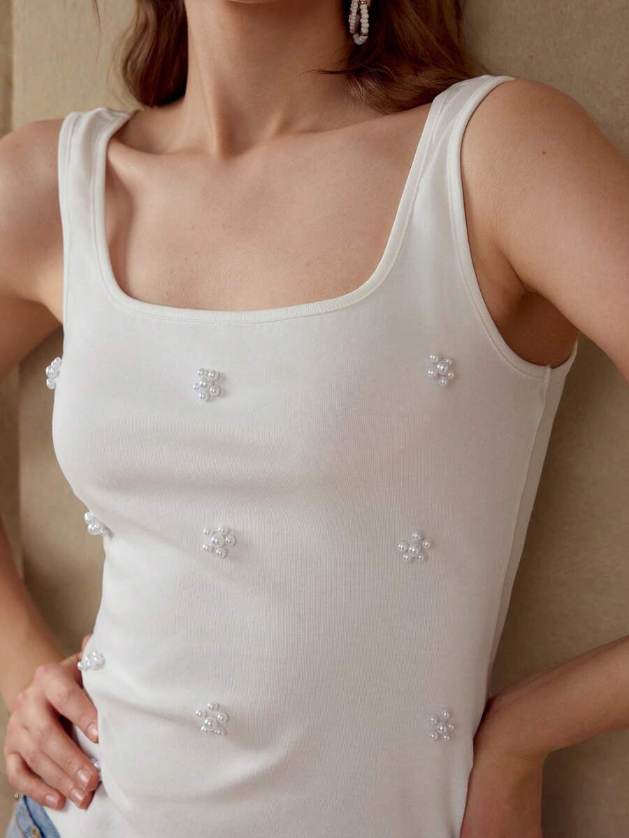 MOTF PREMIUM FAUX PEARL DETAIL SLIM FIT TANK TOP - White - View 2