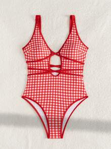 Swim Mod Women V-Neck Plaid Tied Hollow Out One-Piece Swimsuit, For Summer Beach Vacation - Multicolor - View 5