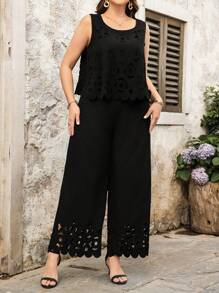 SHEIN LUNE Plus Size Women Floral Hollow Design Vintage Commuting Black Round Neck Sleeveless Top And Simple Long Pants 2 Pieces Set, Spring/Summer - Black - View 5
