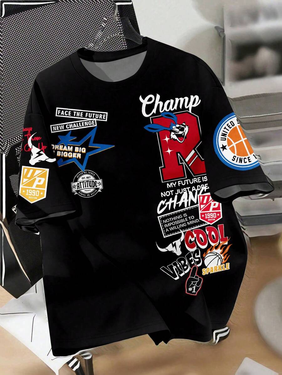 SHEIN EZwear 休闲街头风格字母徽章兔子印花宽松圆领短袖 T 恤大码女款夏季