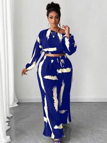 Maweii Plus Size Fashion Asymmetric Collar Long Sleeve 2pcs Set - Multicolor - View 3