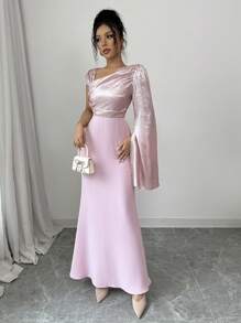 Elenzga 1 件女士粉色浪漫修身不对称肩长裙配金箔印花 - 粉色 - 查看 6