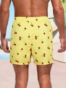 Surfspeed Men's Striped & Fruit Print Drawstring Beach Shorts,Hawaiian - Yellow - View 2