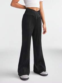 SHEIN Tween Girls Baby Spring/Summer Elastic Waistband Pleated Black Petite Bell Bottoms - Black - View 4
