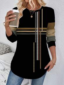 SHEIN LUNE Striped Print Curved Hem Sweatshirt - Multicolor - View 3