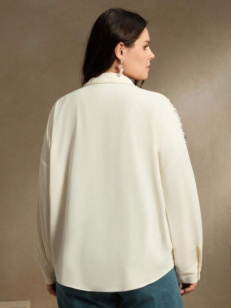 Camisa holgada de manga larga color beige con decoración de mangas con lentejuelas para mujer de talla grande, ropa modesta de primavera
