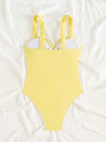 Swim Mod Springbreak 女士夏季海滩度假浅黄色吊带镂空蝴蝶结可爱连体泳衣 - 黃色 - 查看 6