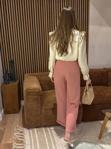 Chiquease 女士舒适棉质休闲裤，适合户外、度假，卷边下摆和侧纽扣设计，春夏 - 珊瑚粉 - 查看 2