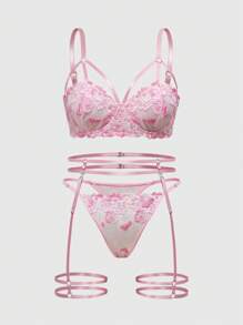 ROMWE Kawaii 3 pezzi/set Reggiseno con imbottitura e slip con ricamo floreale sexy, taglie forti, primavera