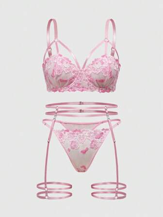 Kawaii 3 pezzi/set Reggiseno con imbottitura e slip con ricamo floreale sexy, taglie forti, primavera