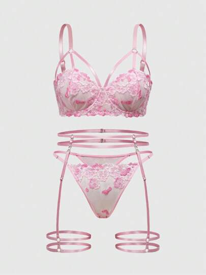 ROMWE Kawaii 3 件套大码花卉刺绣性感手工钢圈文胸套装，春季