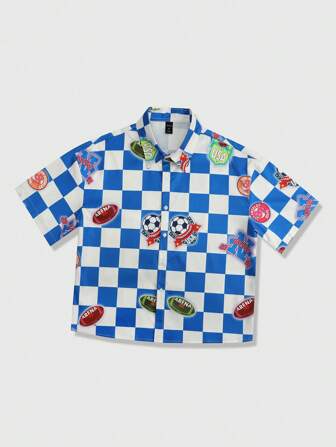 Street Life Camisa de manga corta de verano con estampado de tablero de ajedrez y bolas para hombre