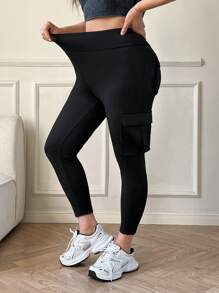 SHEIN EZwear Plus Size Solid Color Minimalist Pocket Leggings, Casual For Daily Wear,Spring Summer Clothes - Black - View 2