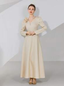 Modelyn 女士纯色 3D 花卉装饰长袖优雅连衣裙