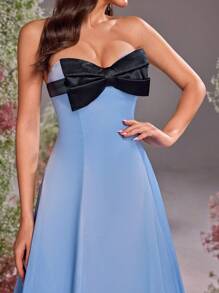 Glamrae Elegant, Romantic, Fashionable And Simple, Spring And Summer Blue Satin Bow Decor A-Line Dress, Graduation Dress, Wedding, Festival, Dance, Vacation, Formal Evening Dress, Wedding Guest Dress, Party Dress,Graduation,Teacher Outfits For Women,Teacher Dress