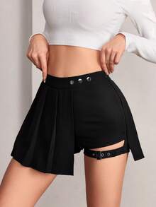 SHEIN PETITE 鉤扣紐細節不對稱褶皺夏季女裙 - 黑色 - 查看 3
